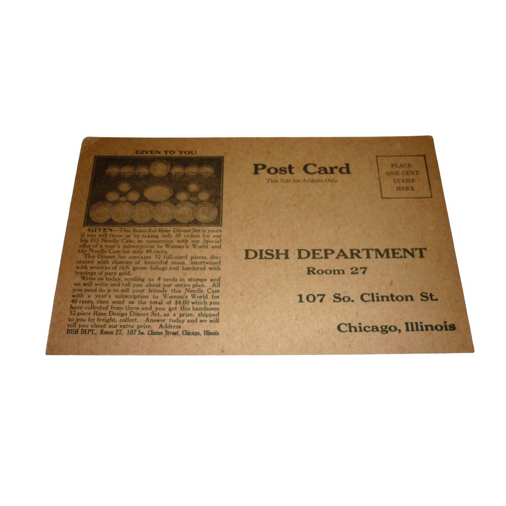 Vintage Woman's World Chicago Advertising Postcard Rose Dinner Set Needle Case